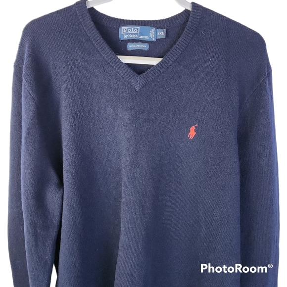 Polo Ralph Lauren Navy Lambswool Sweater Men's XXL V-neck Pullover Vintage - Picture 2 of 5